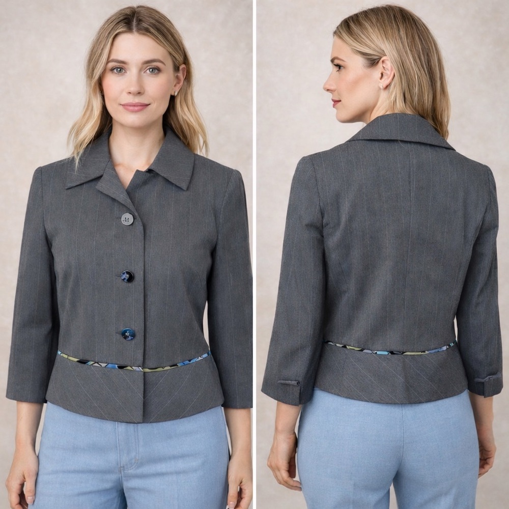 Sigrid Olsen Gray Pinstripe Blazer Jacket Nordstrom Career Chic 3/4 Sleeve Sz 6